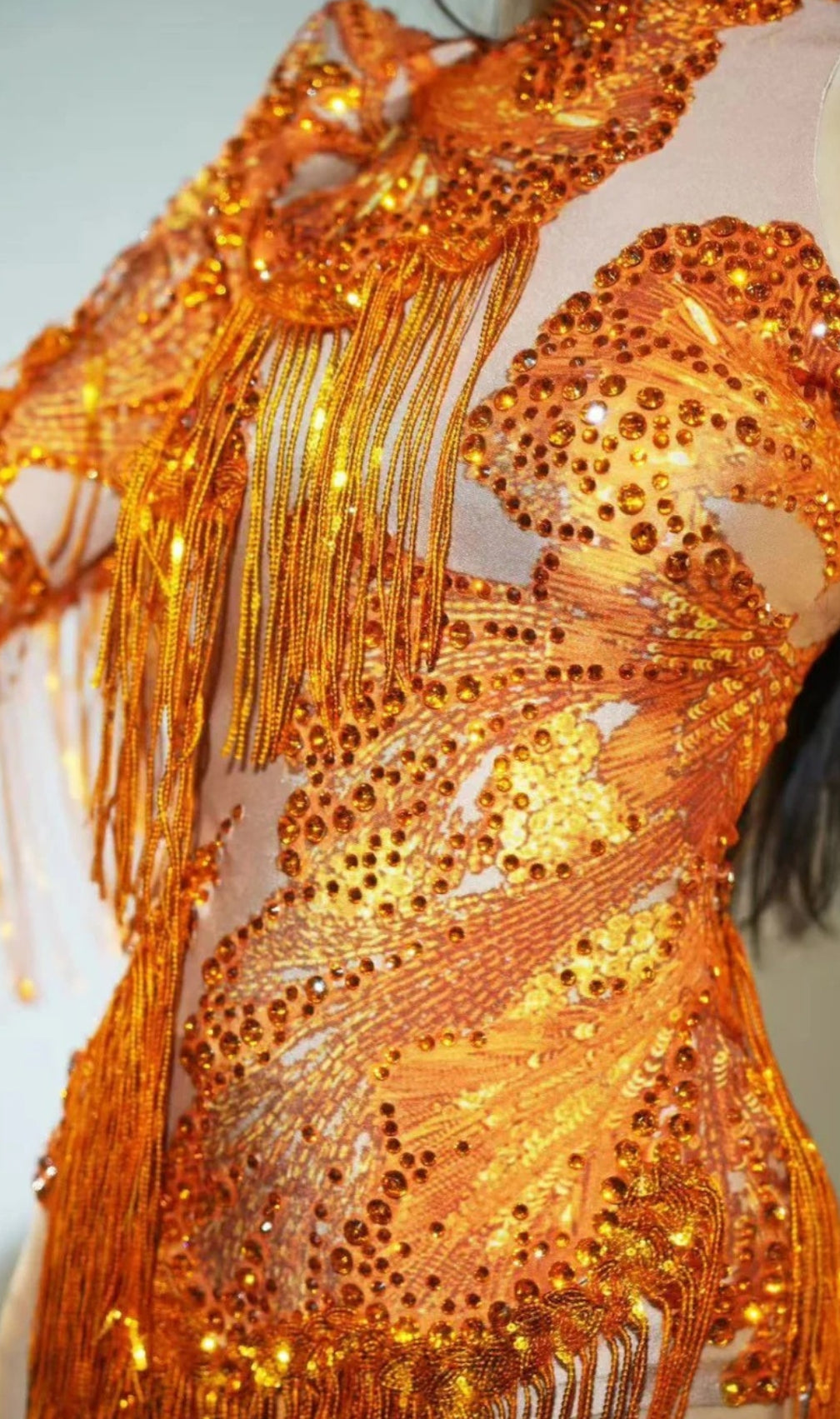 Shatora One Shoulder Rhinestone Fringe Bodysuit In Orange