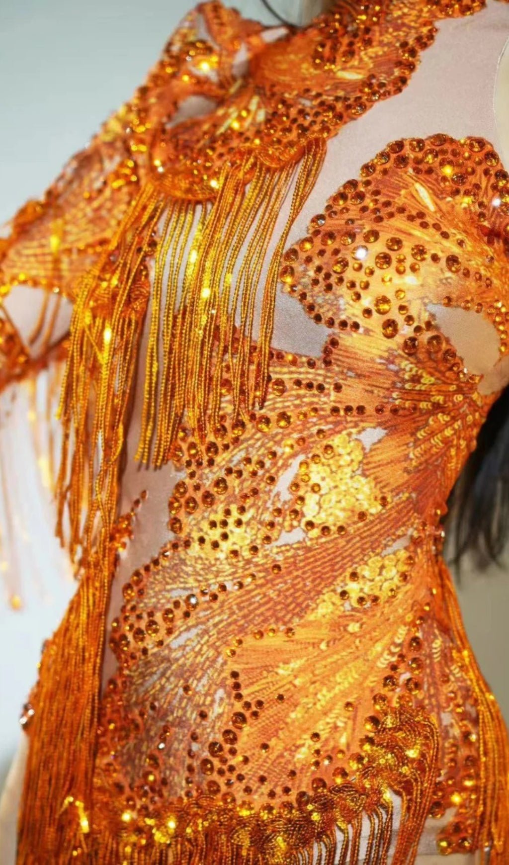 Shatora One Shoulder Rhinestone Fringe Bodysuit In Orange