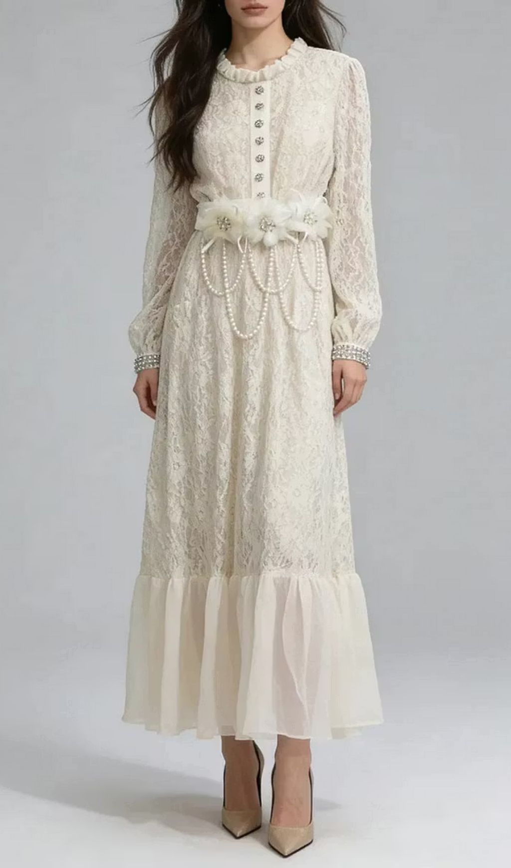 Elegant Ivory White Lace Maxi Dress: 3D Floral, Pearl Cascade & Ruffle Hem