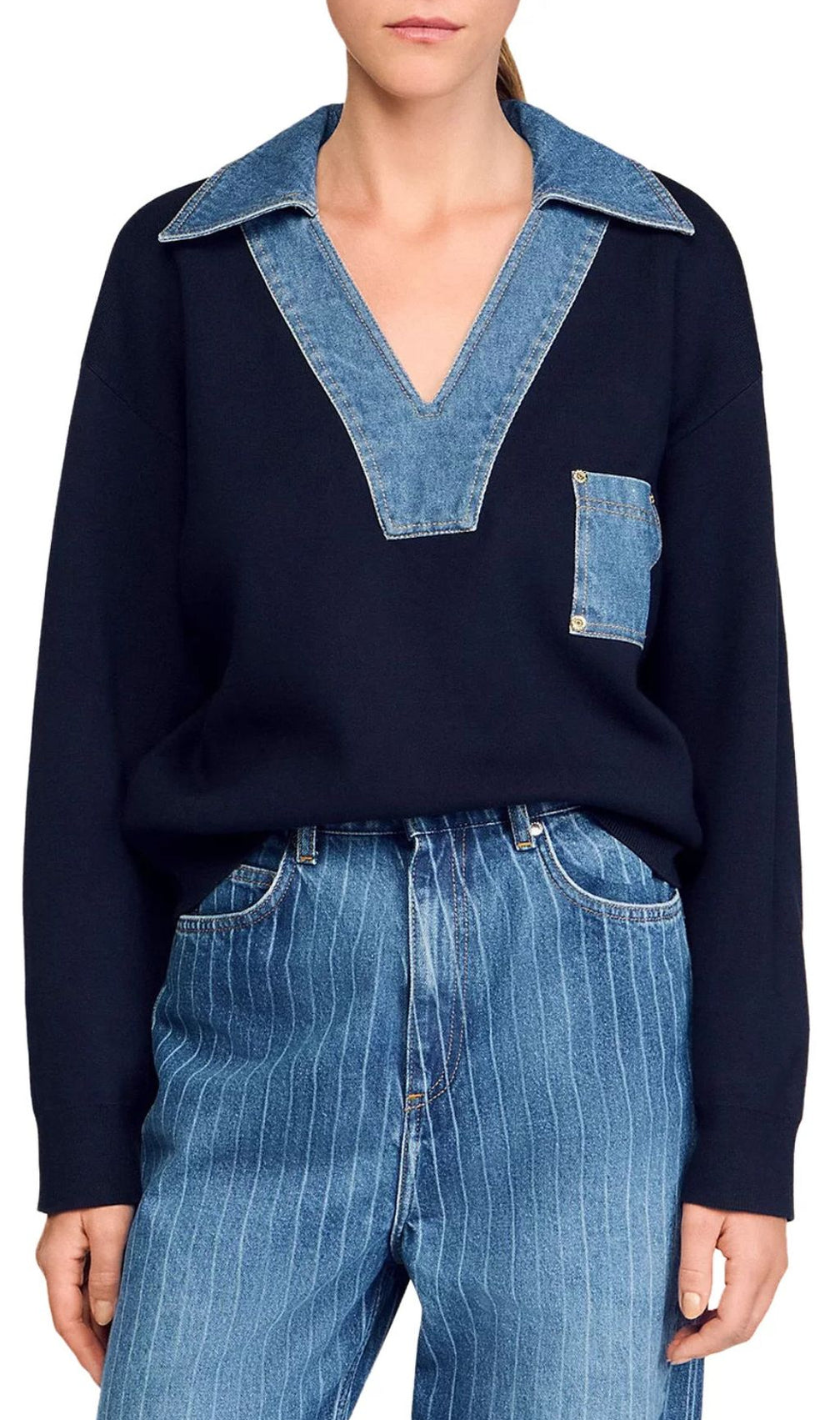 Effortless Chic Women's Denim V-Neck Pullover Sweater