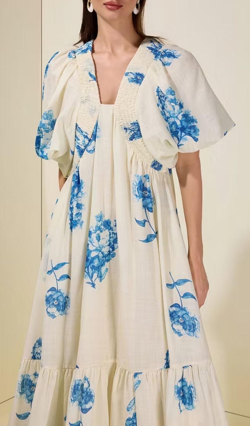 Susie Print Smocking Puff Sleeve Midi Dress - Blue