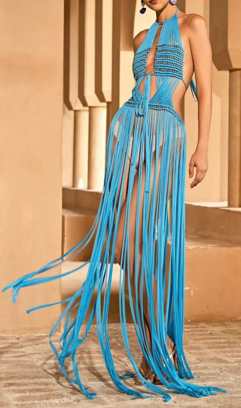 Pryceo Backless Weave Fringe Maxi Dress