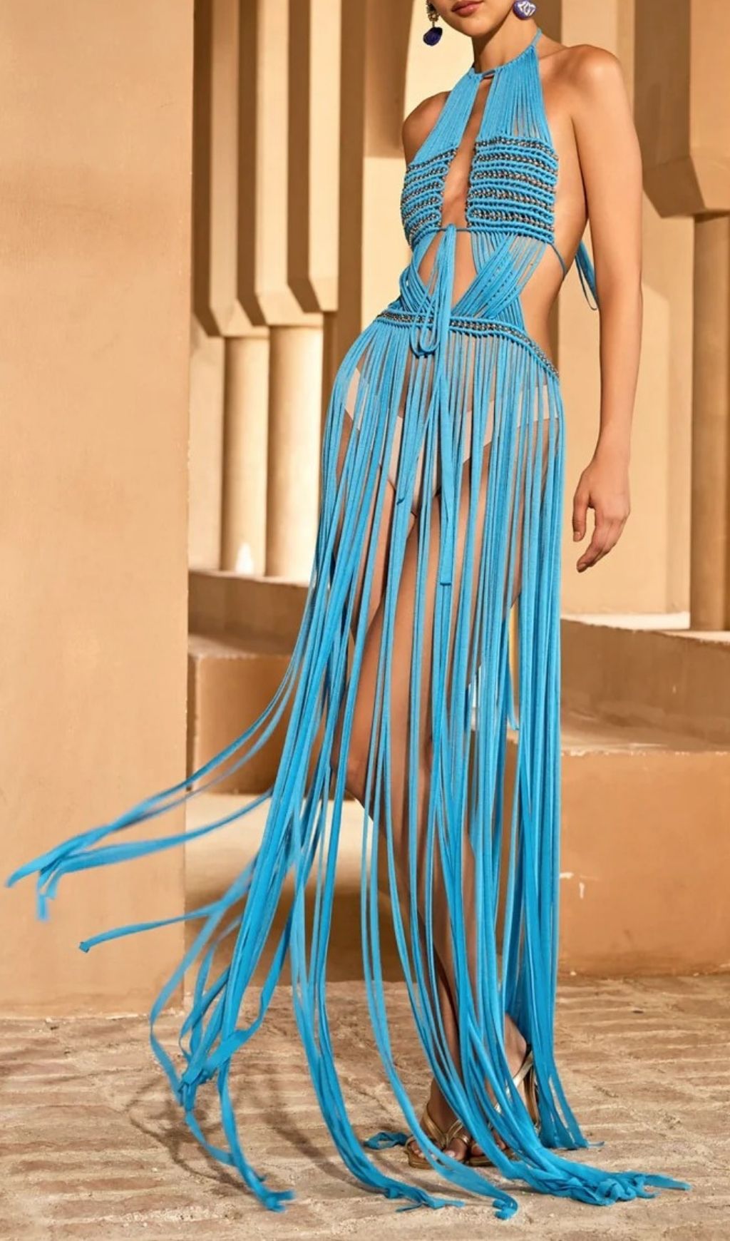 Pryceo Backless Weave Fringe Maxi Dress