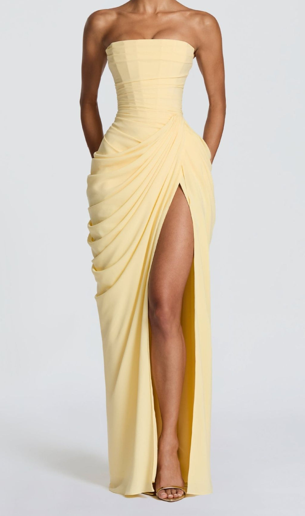 Kellyn Yellow Strapless Corset Maxi Dress with High Slit | Elegant Formal Gown