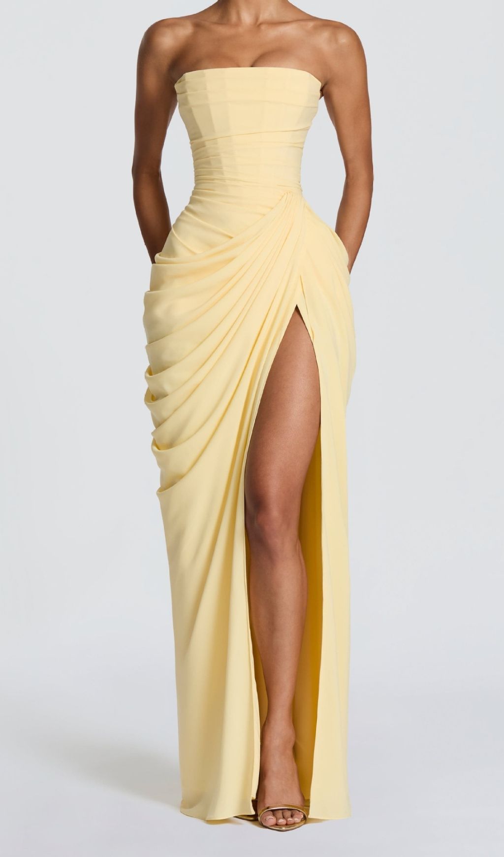 Kellyn Yellow Strapless Corset Maxi Dress with High Slit | Elegant Formal Gown