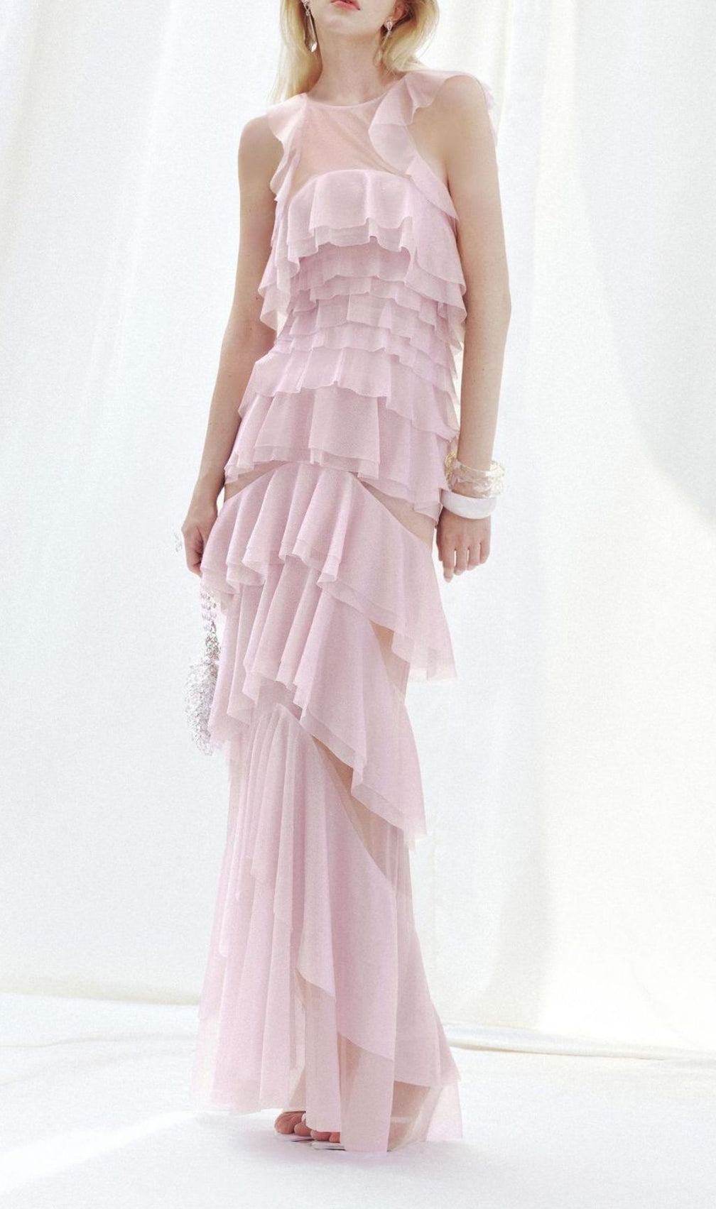 Knute Pink Ruffle Layered Backless Maxi Dress