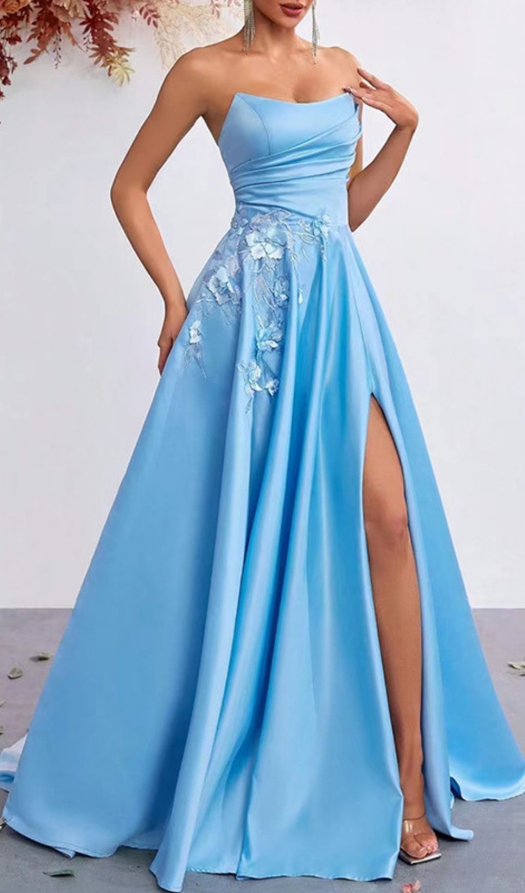 Kaiyo Azure Blue Strapless Sweetheart Maxi Gown with 3D Floral Appliqués & Thigh Slit
