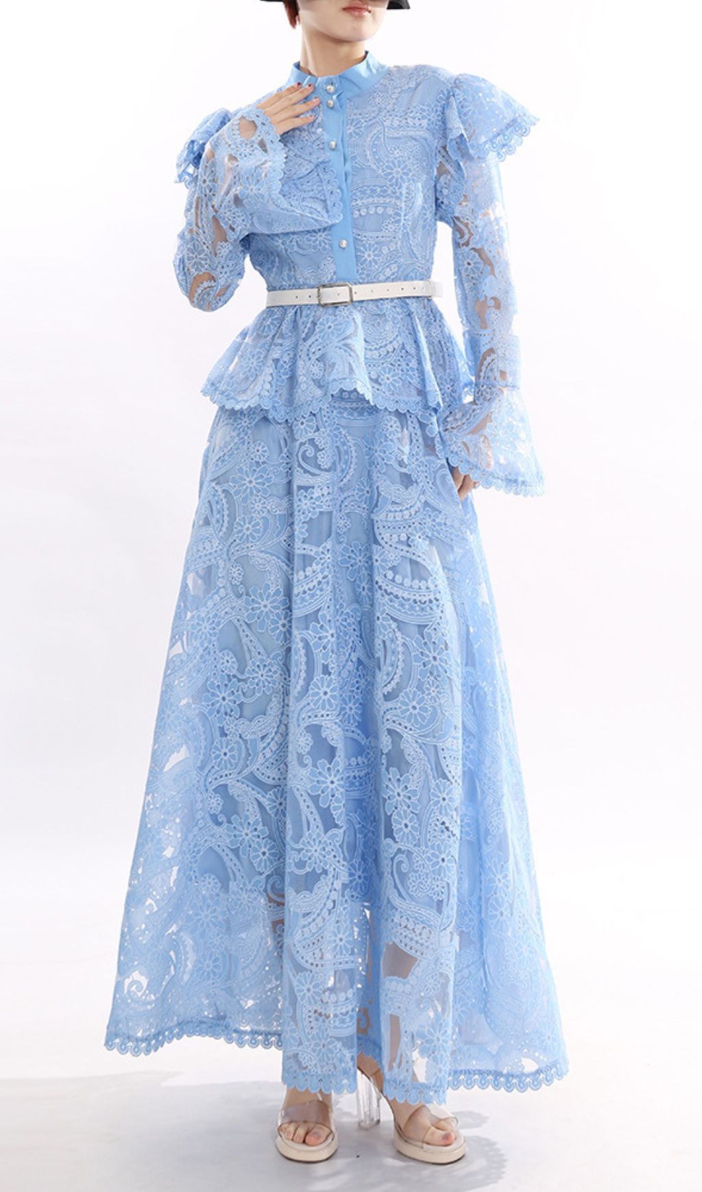 Jereni Blue Lace Maxi Dress for Women - Elegant Embroidered Boho Gown