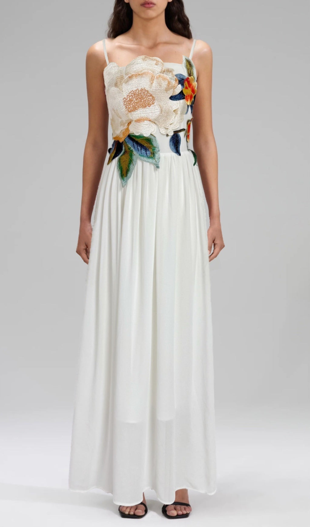 Emanuele White Flower Embroidery Maxi Dress
