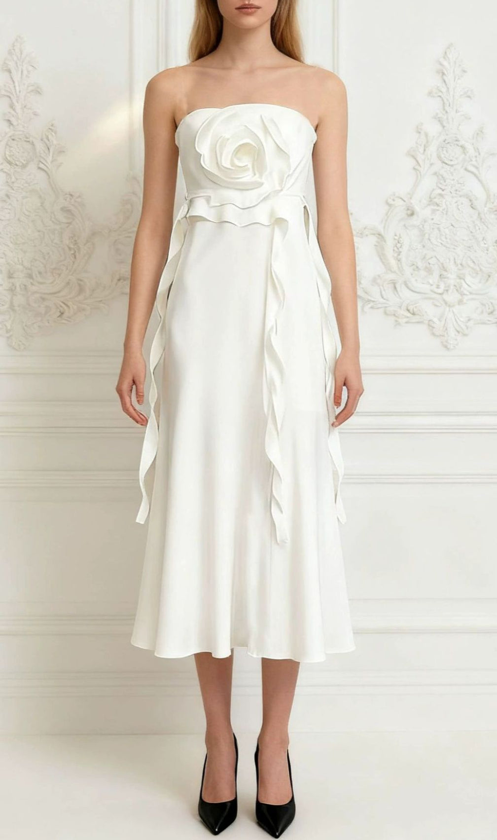 Inga Elegant Strapless 3D Flower Midi Dress - Vibrant Yellow for Summer & Parties