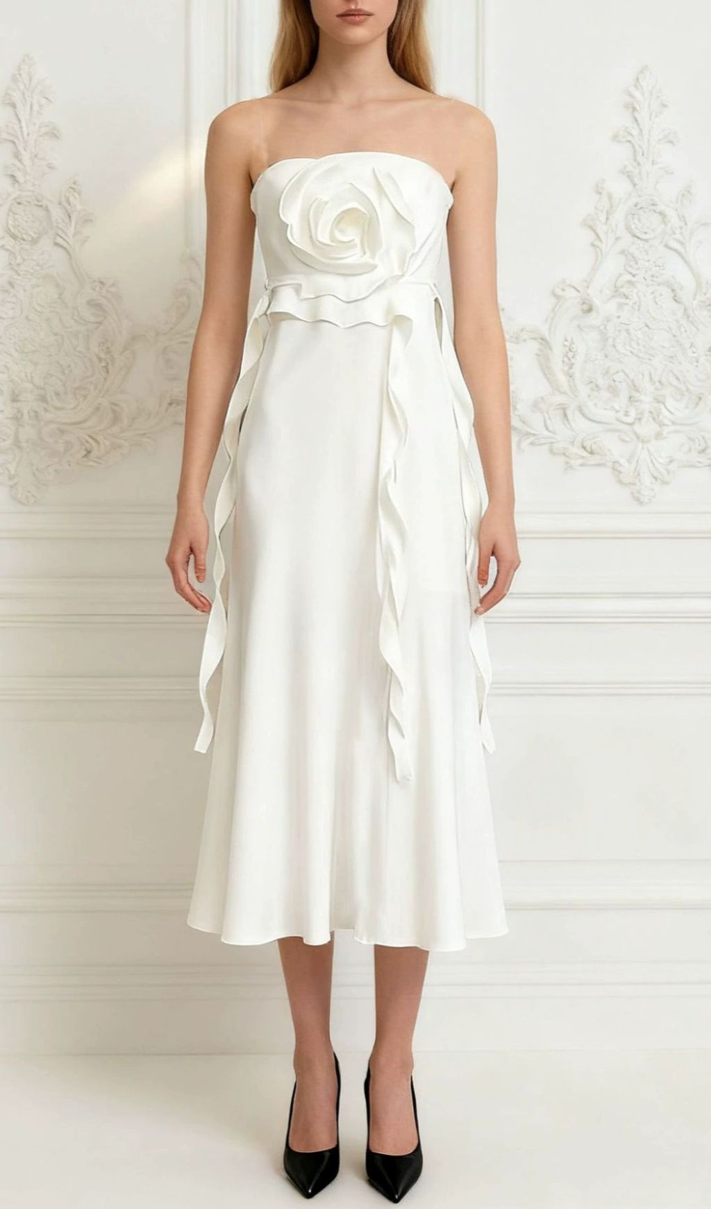 Inga Elegant Strapless 3D Flower Midi Dress - Vibrant Yellow for Summer & Parties