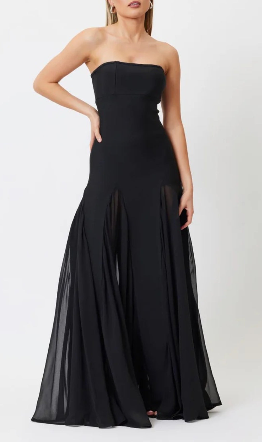 Strapless Mesh Insert A Line Maxi Dress Black