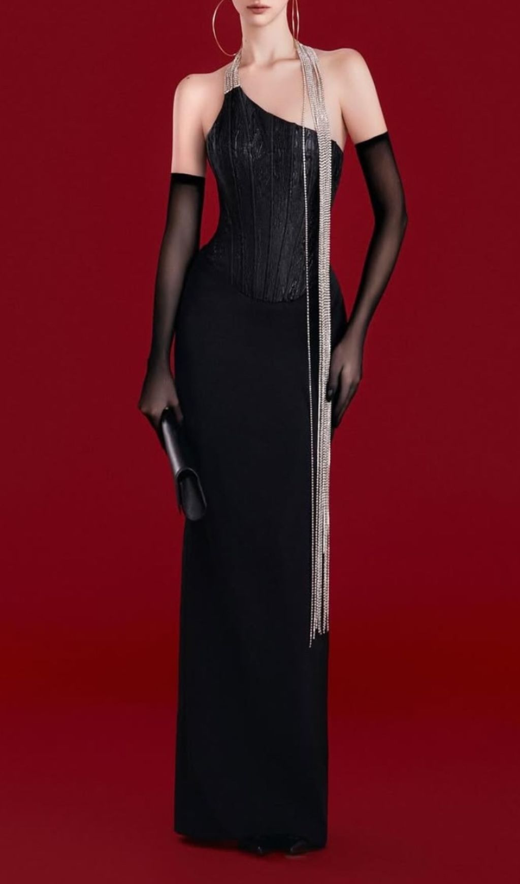 Josué Black Corset Diamond Chain One-Shoulder Bandage Maxi Gown