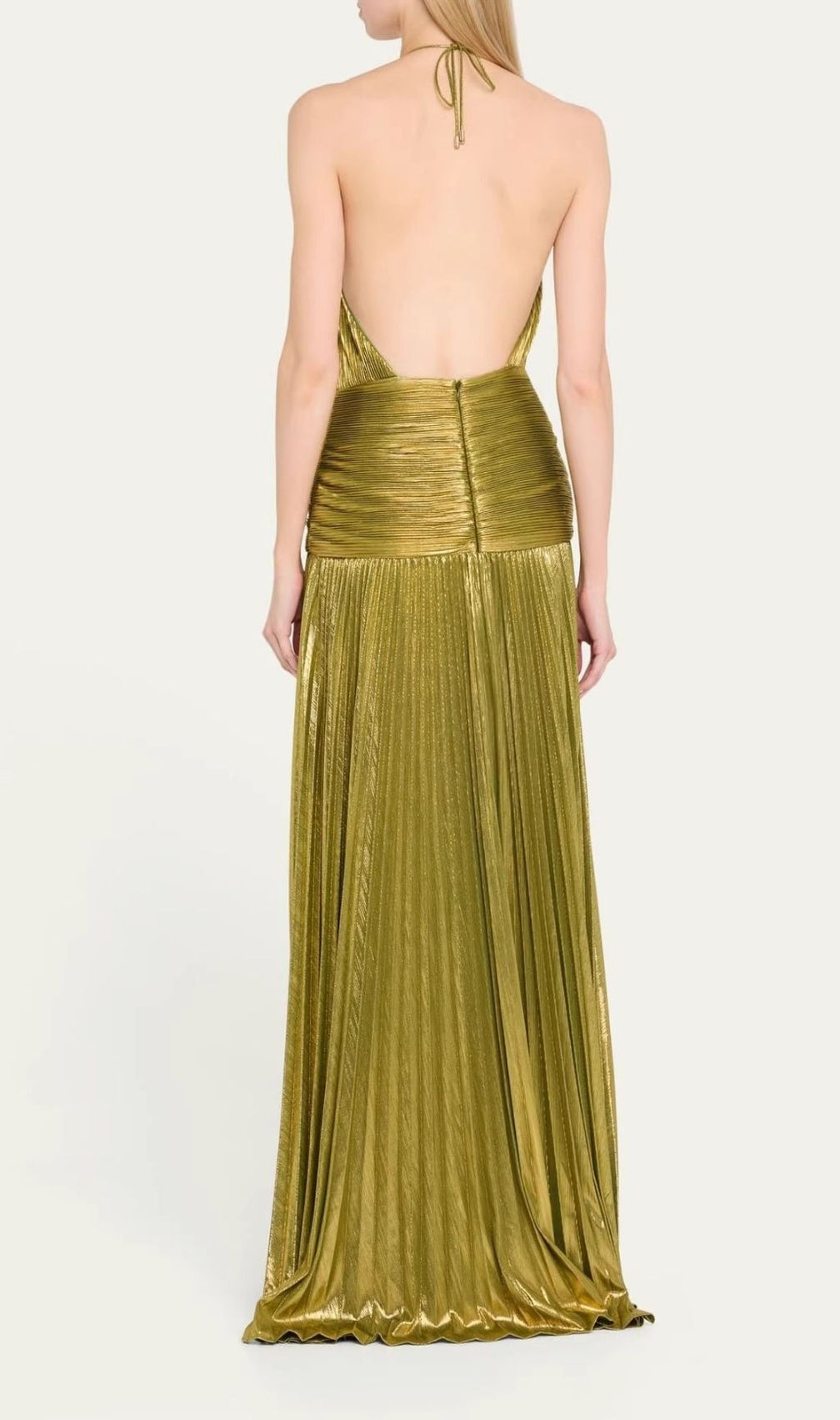 Syriona Halterneck Split Pleated Metallic Maxi Dress In Green