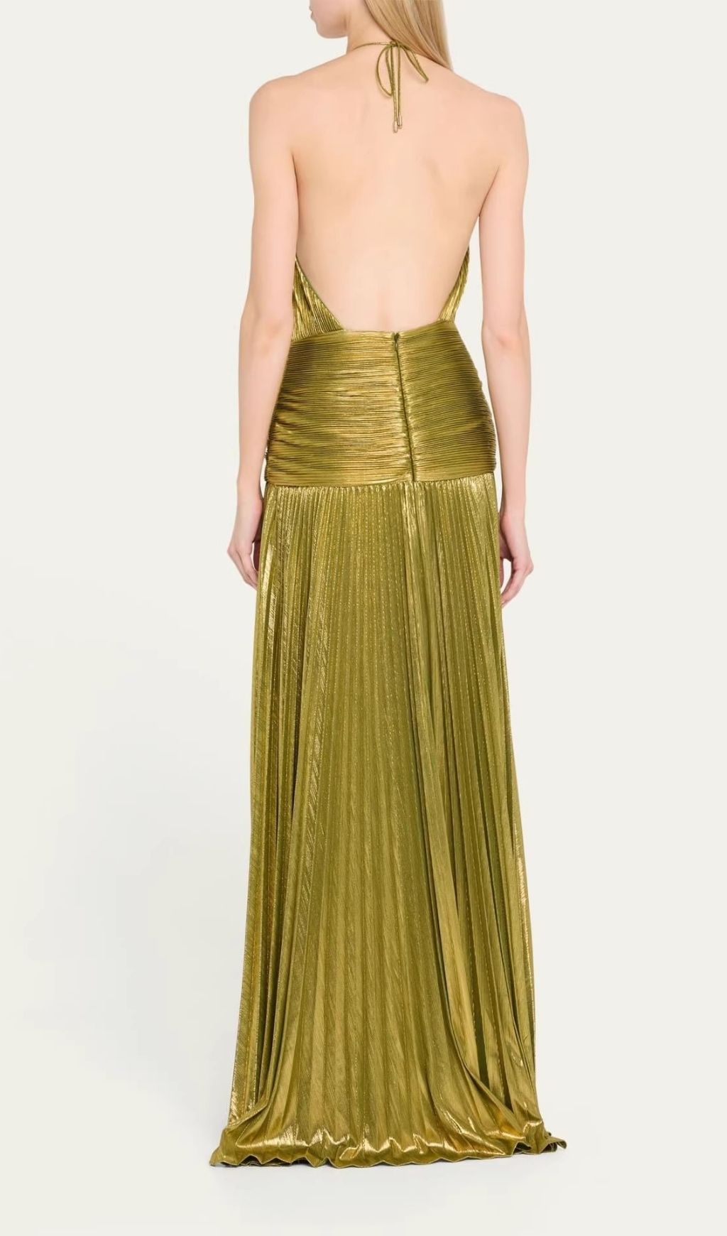 Syriona Halterneck Split Pleated Metallic Maxi Dress In Green