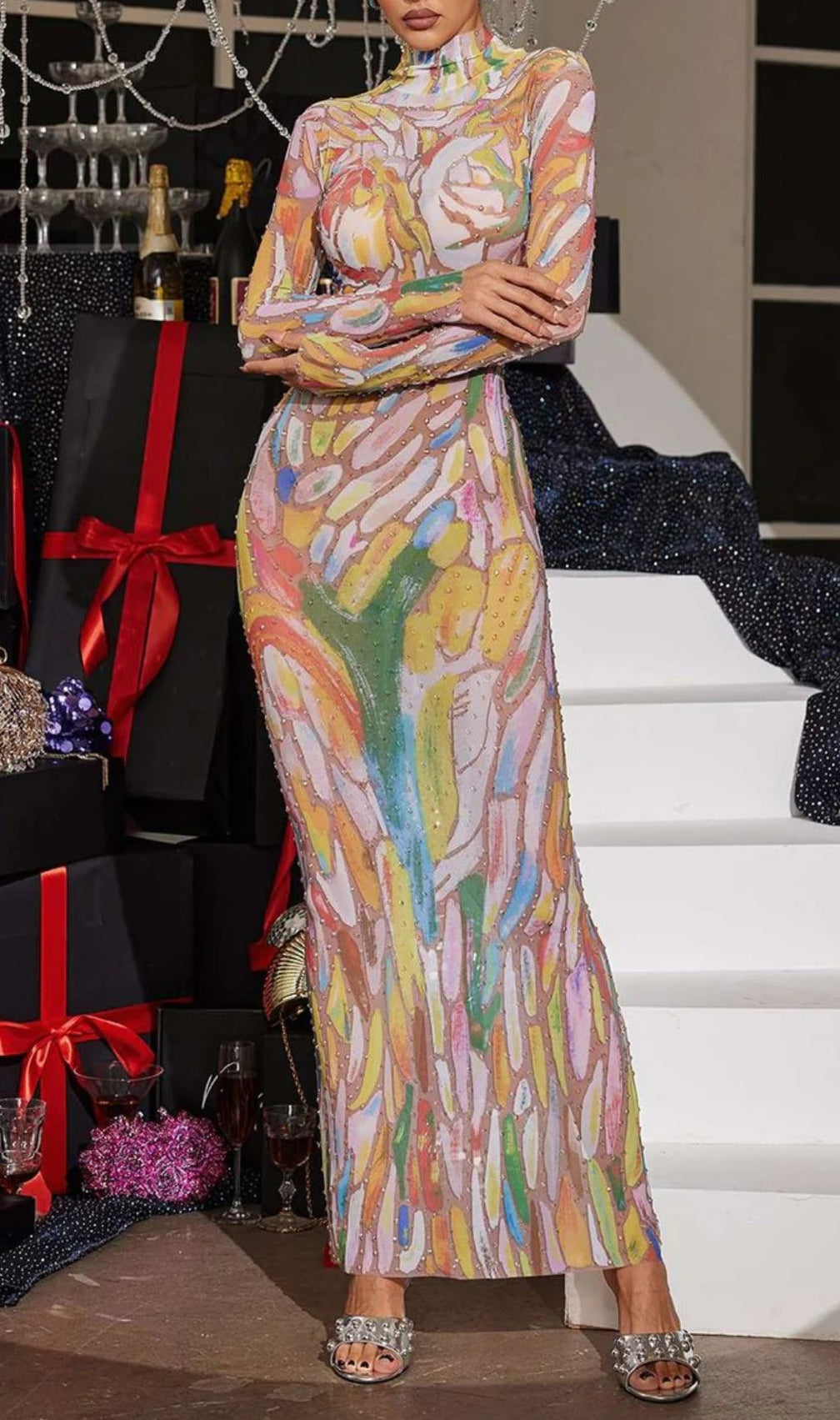 Rupok Dazzling Rhinestone Abstract Print Turtleneck Maxi Dress – Glamorous Evening Gown