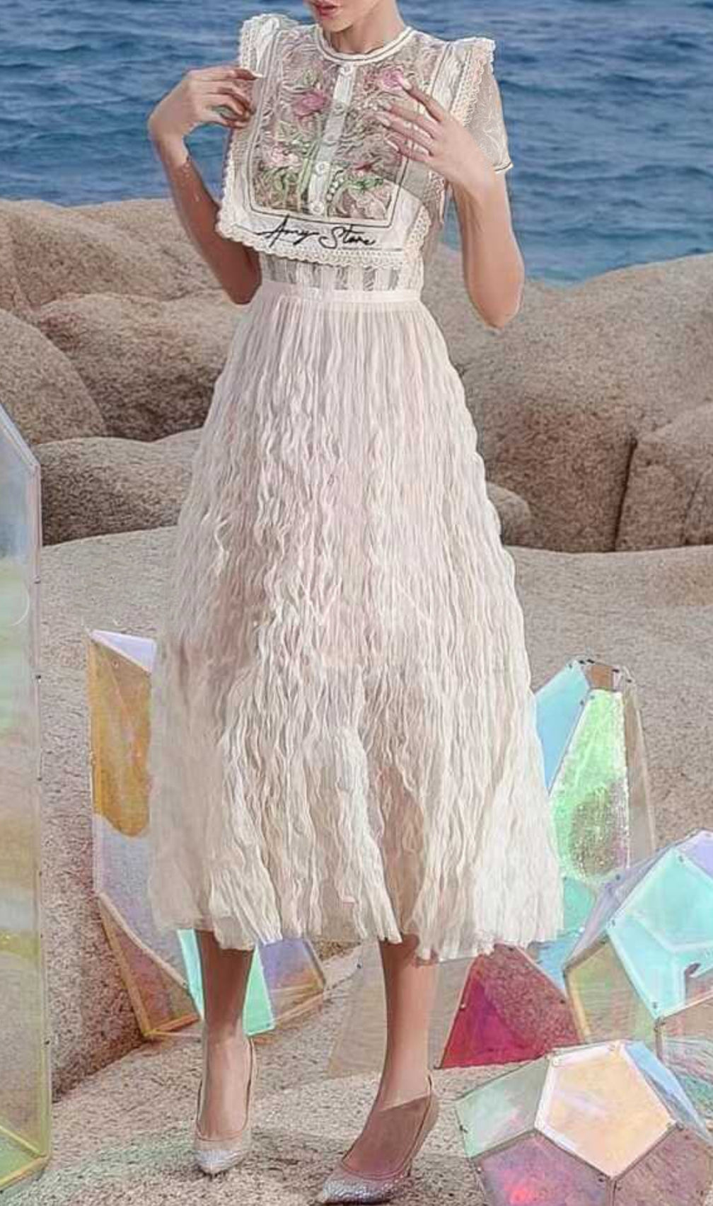 Carolie Flower Embroidery Midi Dress