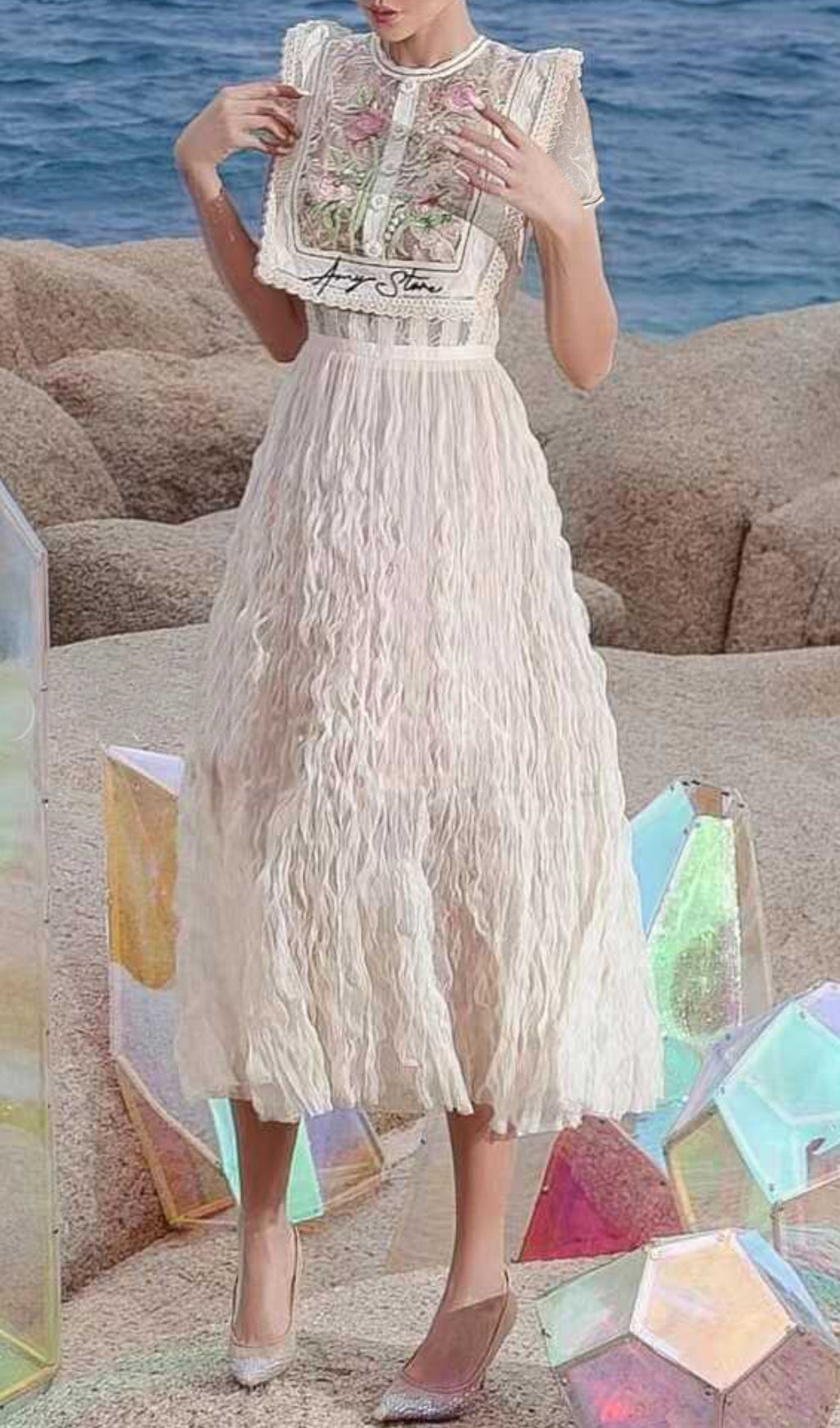 Carolie Flower Embroidery Midi Dress