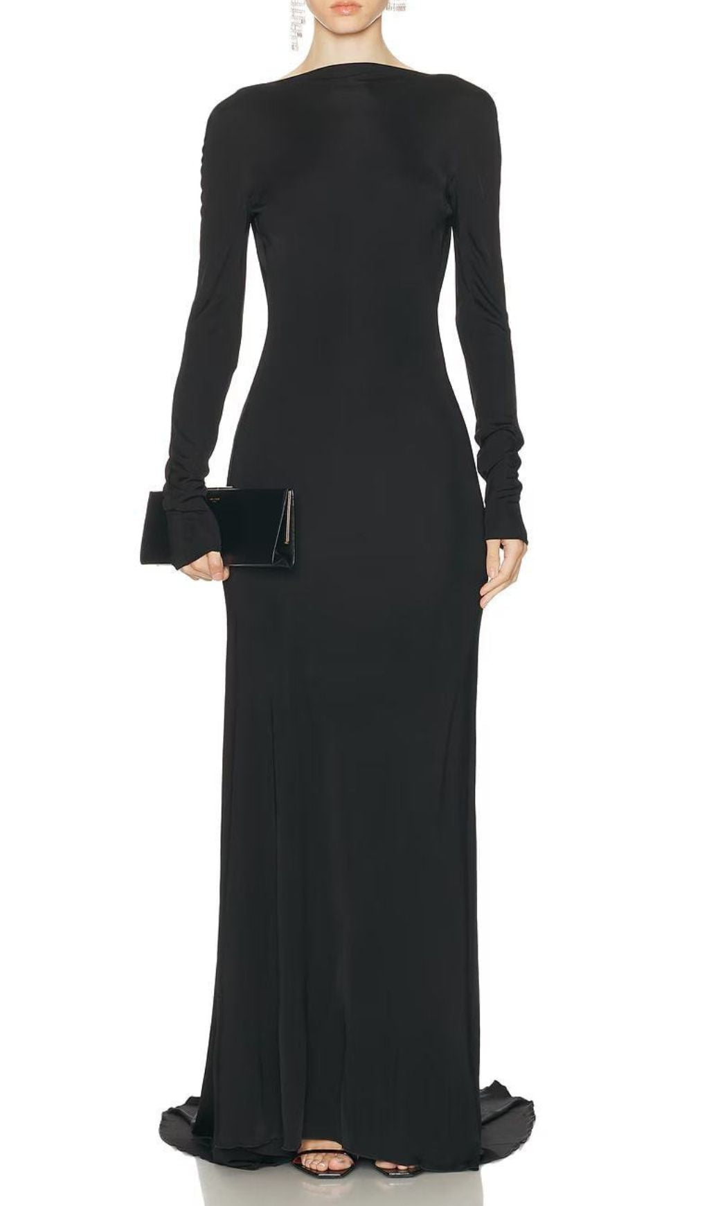 Iiona Black Backless Long Sleeve Maxi Dress: Dramatic & Elegant Evening Gown