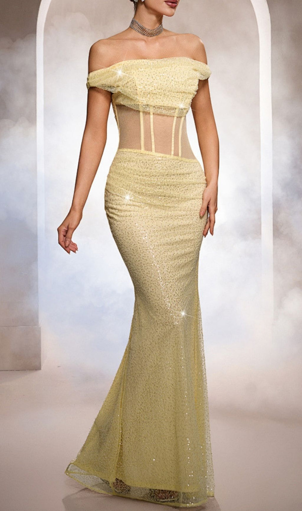 Katheryn Yellow Sequin Off-Shoulder Corset Maxi Gown - Dazzling Formal Dress