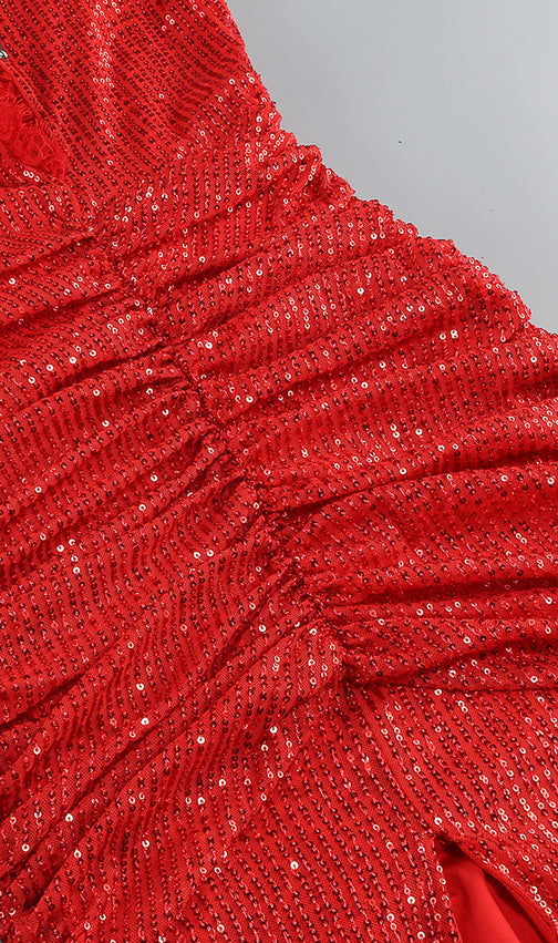 Ignite the Night: Janella Red Sequin Ruched Strappy Maxi Dress