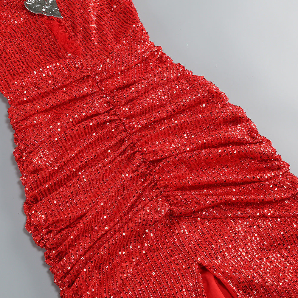 Ignite the Night: Janella Red Sequin Ruched Strappy Maxi Dress
