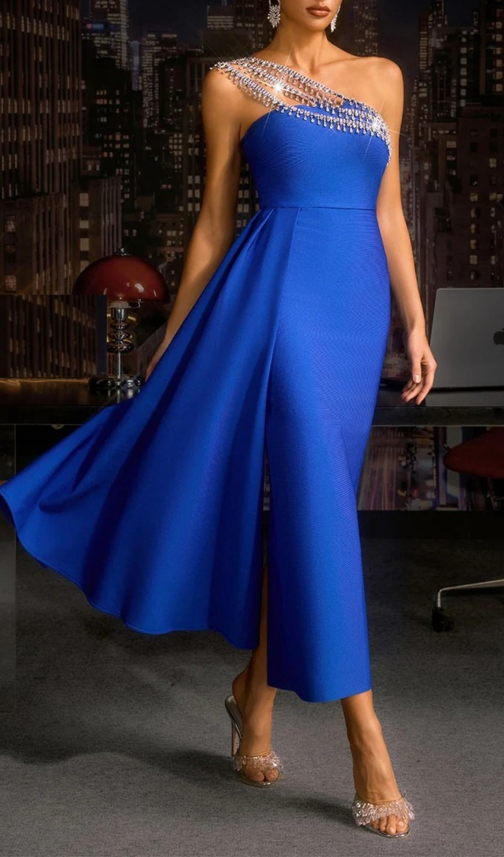 Olyvin Royal Blue One-Shoulder Crystal Bandage Midi Dress | Glamorous Evening Gown