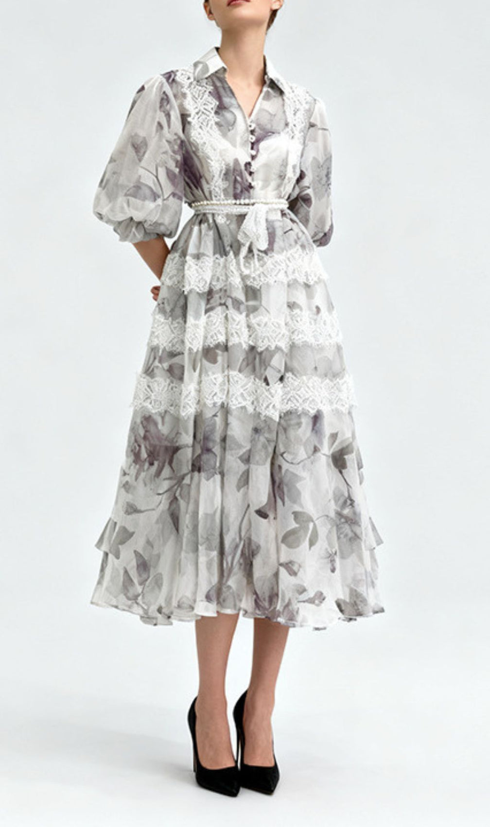 Chic Ilisha Floral & Lace Tiered Lantern Midi Dress for Women