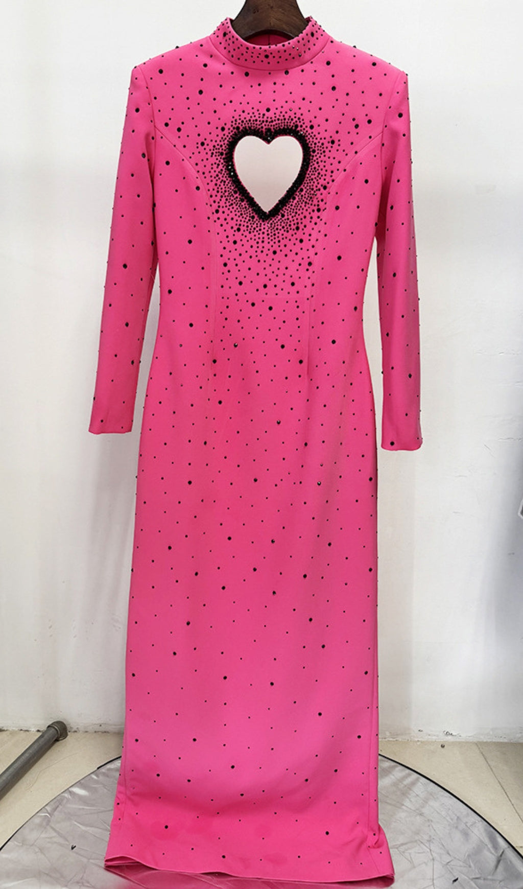 Duri Pink Heart Embellished Long Sleeve Maxi Dress