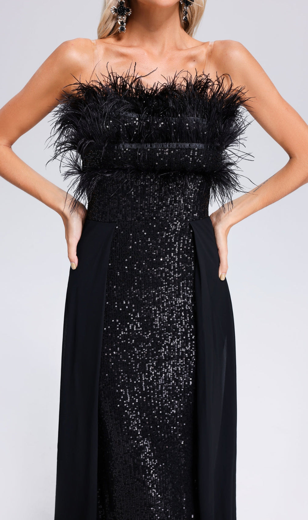 Adams Black Feather Sequin Maxi Dress