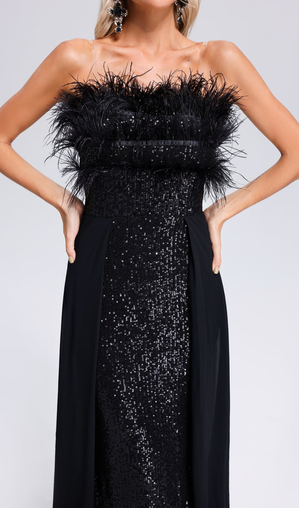 Adams Black Feather Sequin Maxi Dress