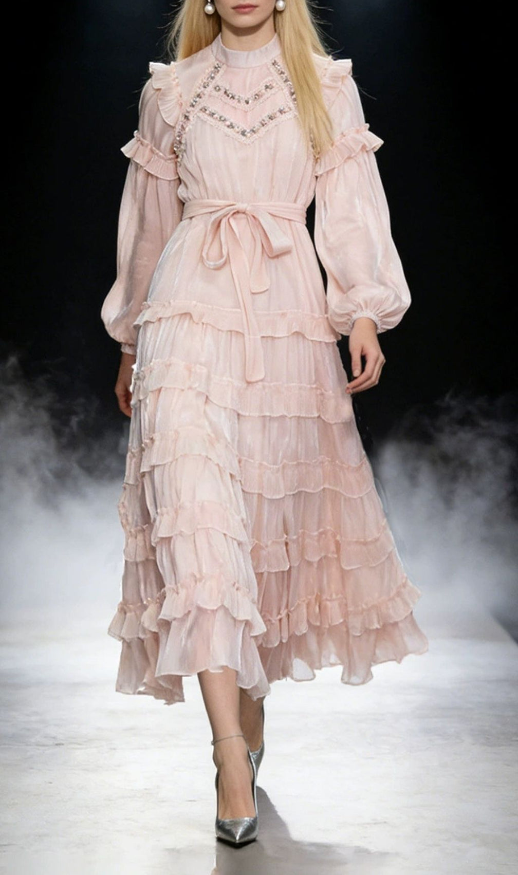Kalyani Romantic Blush Pink Embellished Tiered Midi Dress