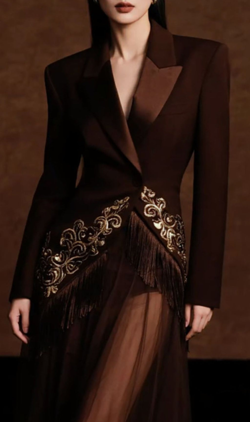 Ismaela Luxe Coffee Sequin Tassel Blazer | Elegant Statement Jacket for Her