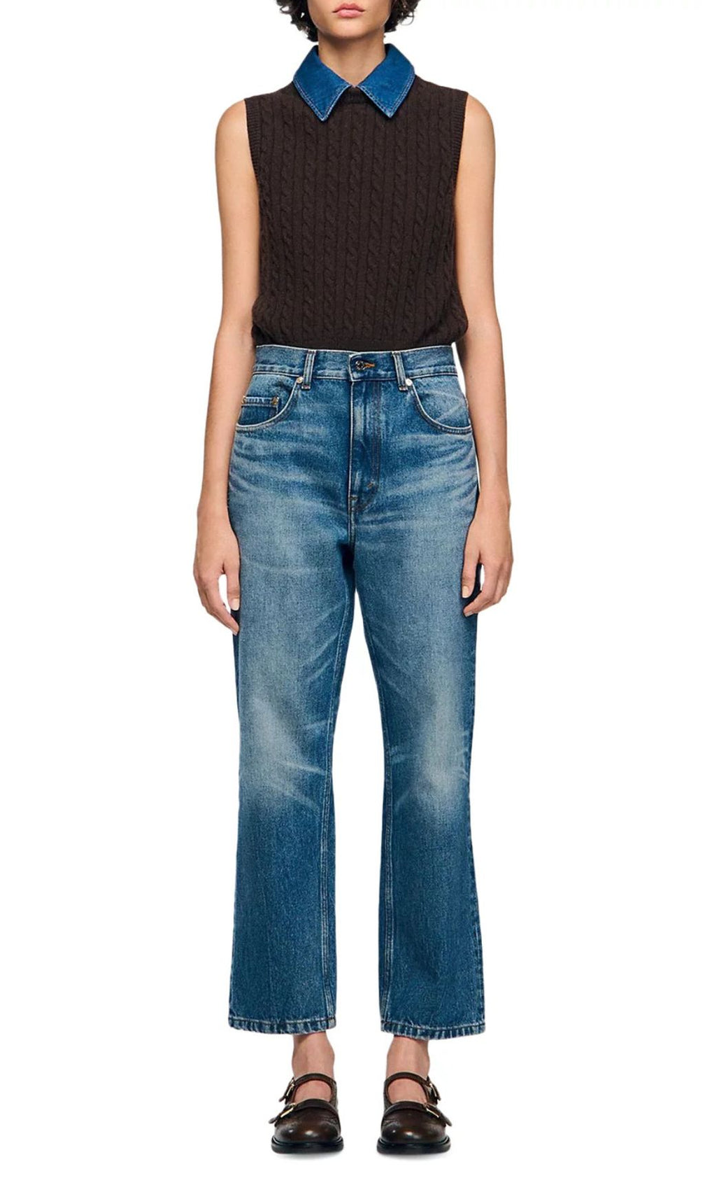 Chic Denim Collar Cable Knit Sleeveless Sweater Vest for Women