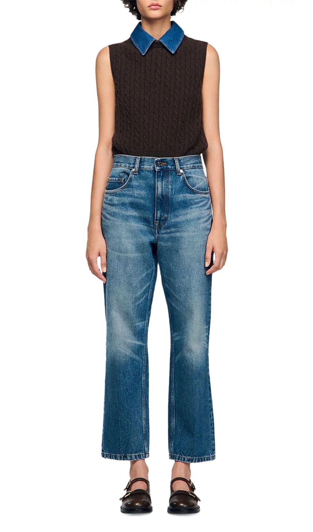 Chic Denim Collar Cable Knit Sleeveless Sweater Vest for Women