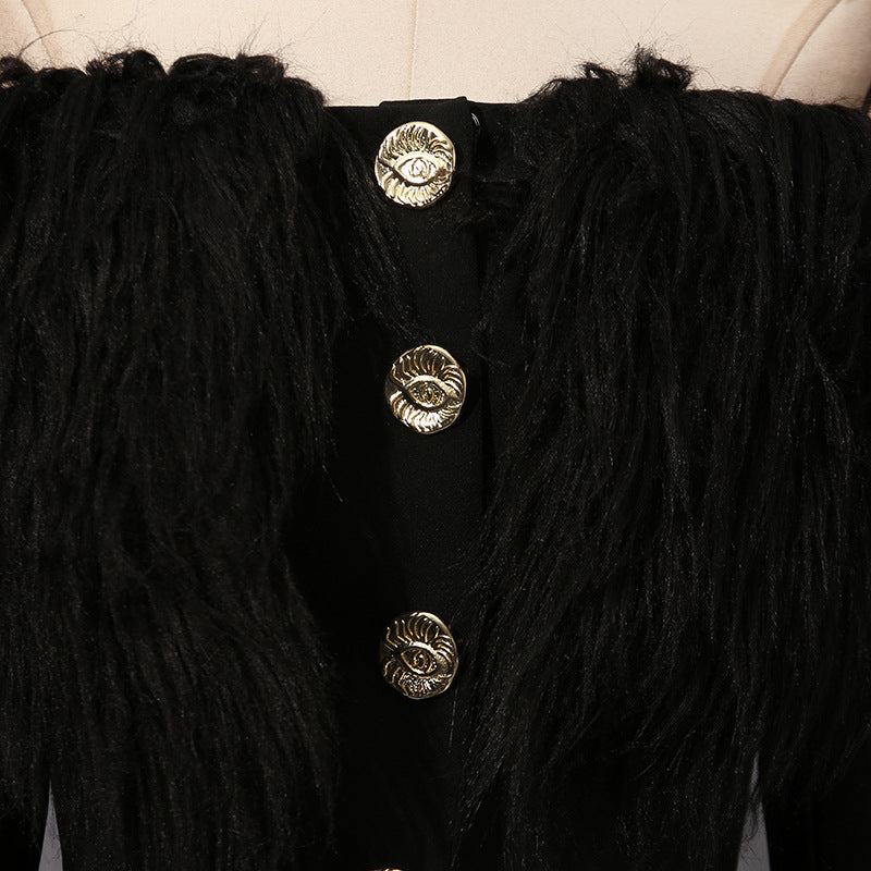 Hyunh Black Off-Shoulder Faux Fur Blazer | Golden Eye Buttons