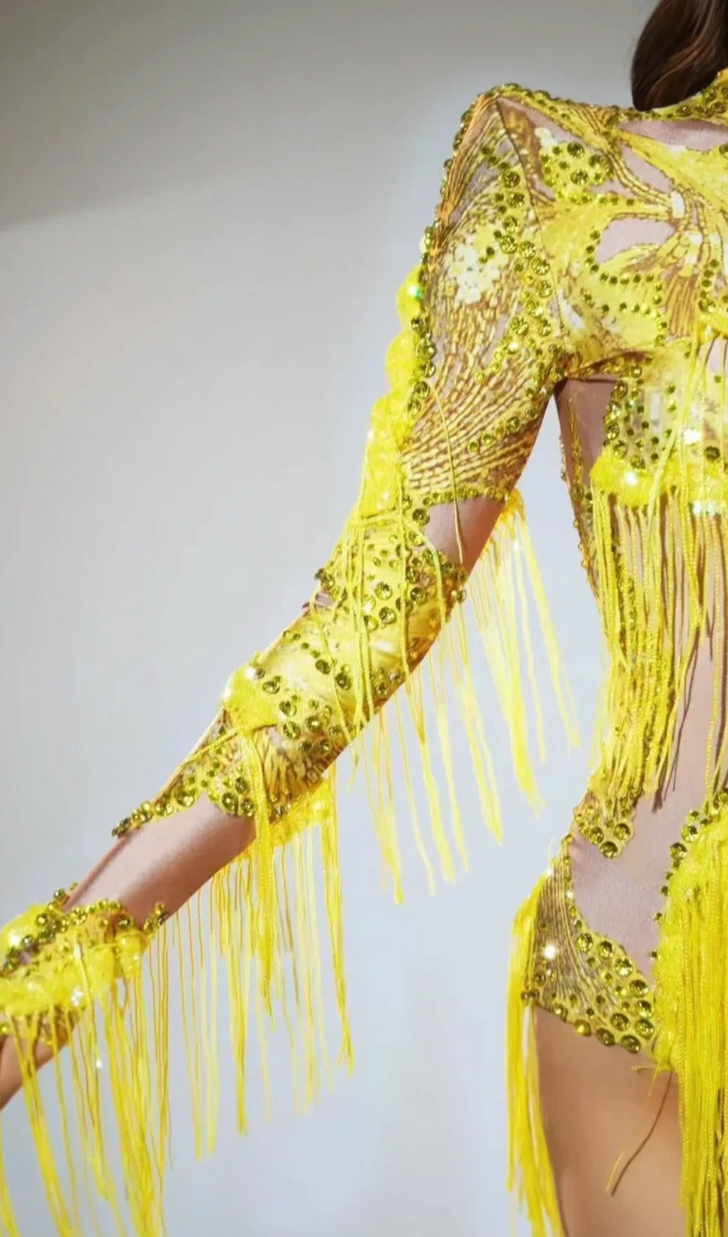 Shatora One Shoulder Rhinestone Fringe Bodysuit In Yellow