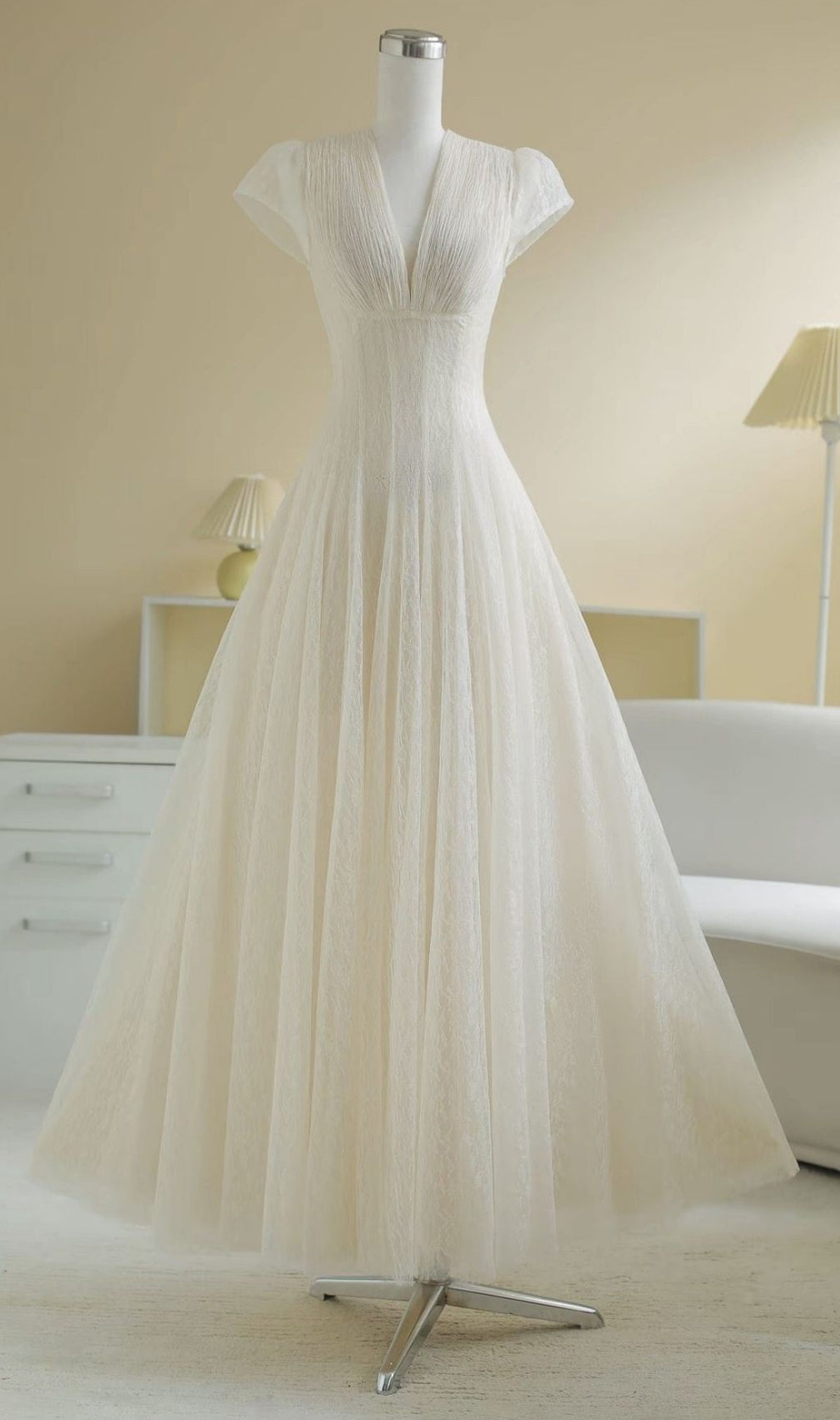 Kelsey Ethereal Cream V-Neck Mesh Maxi Dress