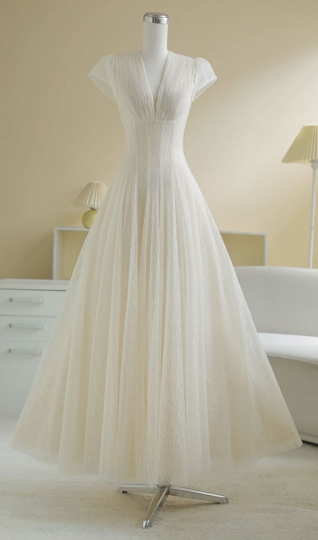 Kelsey Ethereal Cream V-Neck Mesh Maxi Dress