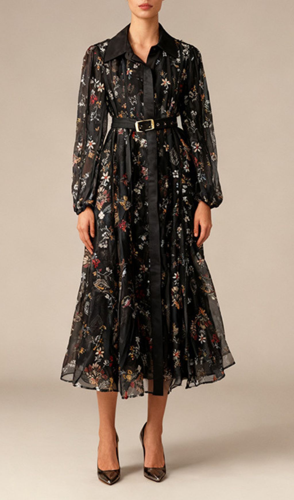 Ilandere Enchanting Black Floral Midi Dress – Belted Long Sleeve Shirtdress