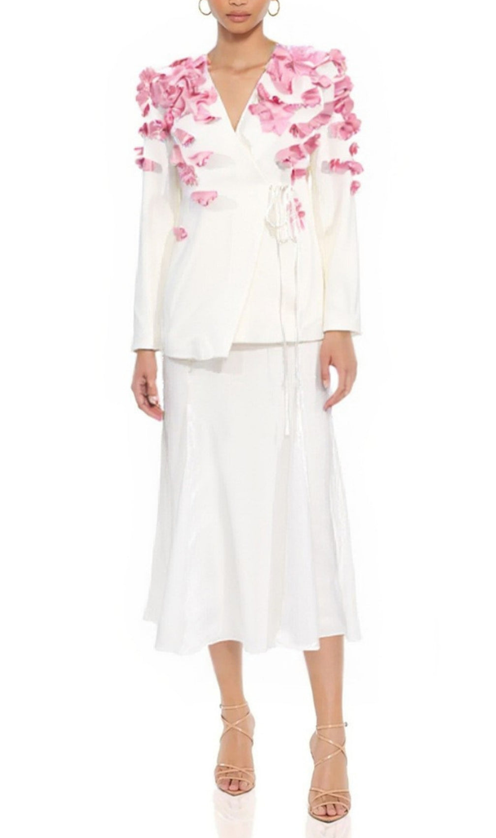 Feo White Flower Embellished Blazer & Midi Skirt