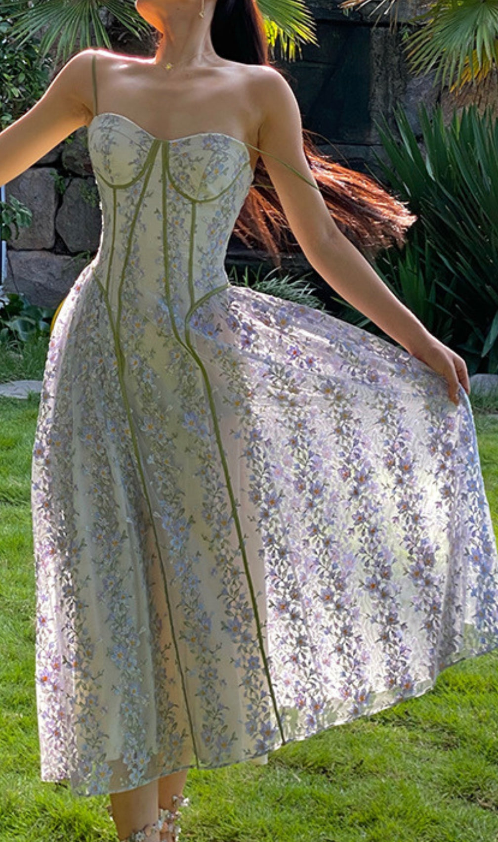 Carda Strappy Flower Embroidery Midi Dress