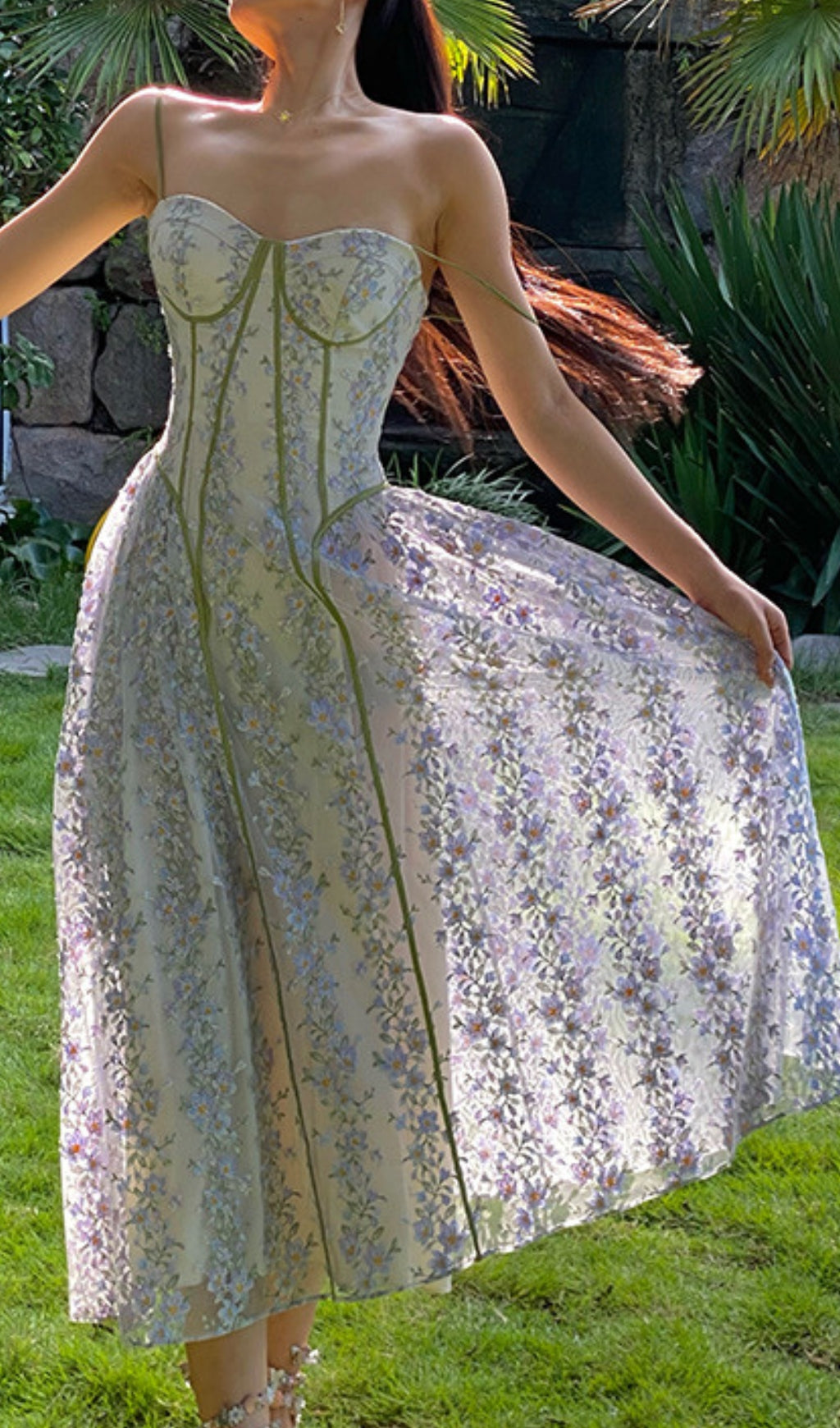 Carda Strappy Flower Embroidery Midi Dress