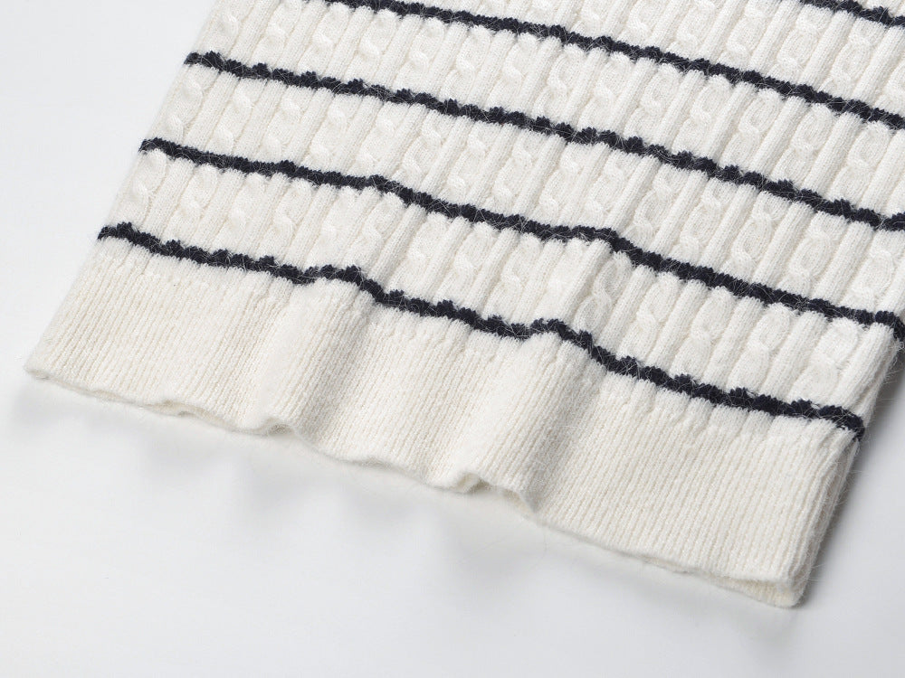 Chic Faux Pearl Collar Striped Cable Knit Sweater - Women's Short Sleeve Top