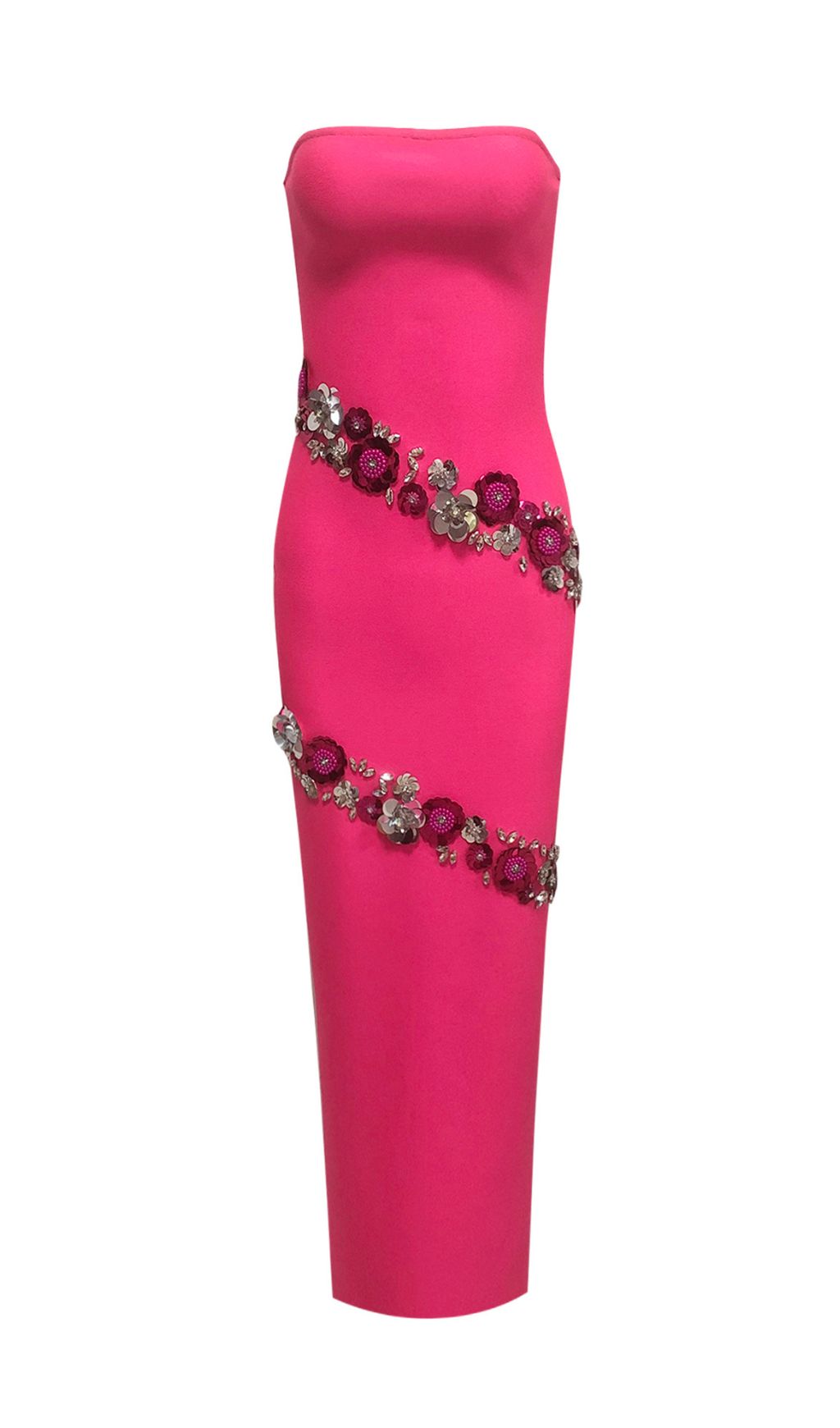 Fuchsia Pink Strapless Floral Sequin Bandage Maxi Gown