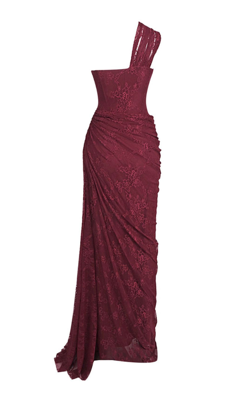JoJo Wine Lace One-Shoulder Corset Maxi Dress - Elegant Evening Gown