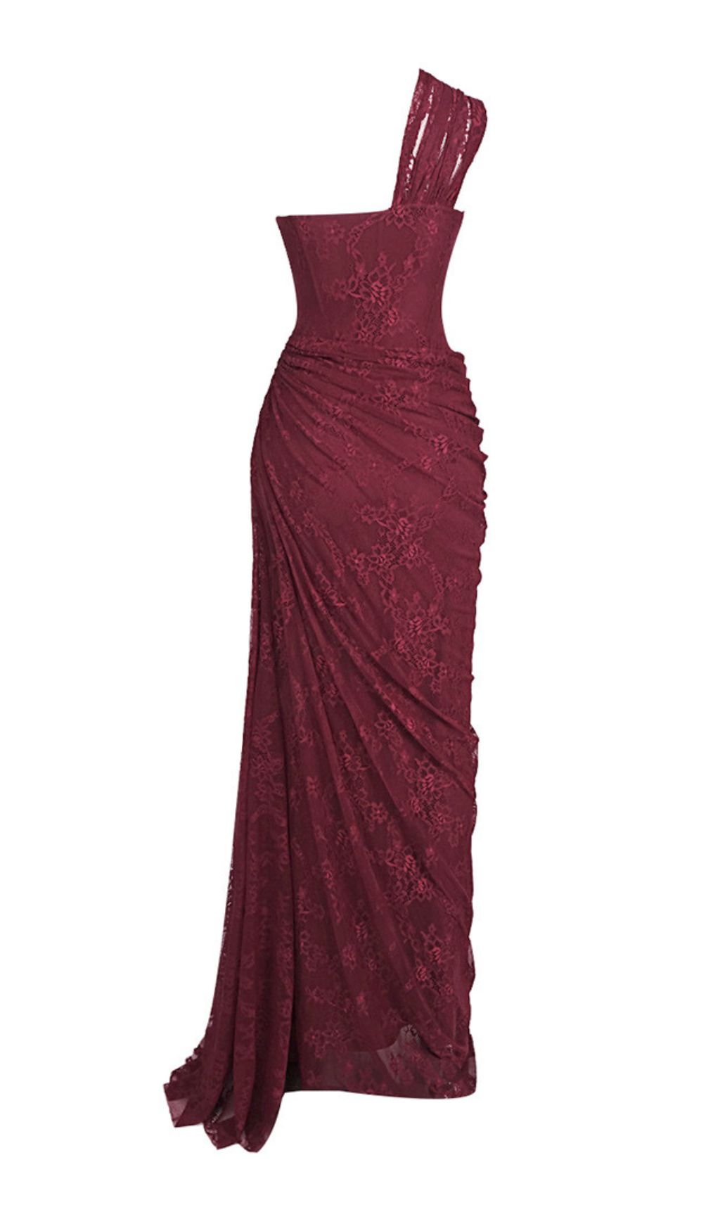 JoJo Wine Lace One-Shoulder Corset Maxi Dress - Elegant Evening Gown
