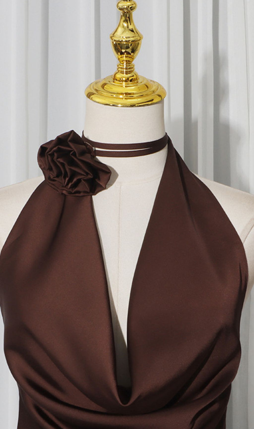 Jeneva Coffee Halter Maxi Dress: Luxurious Satin with a Statement Rose Choker