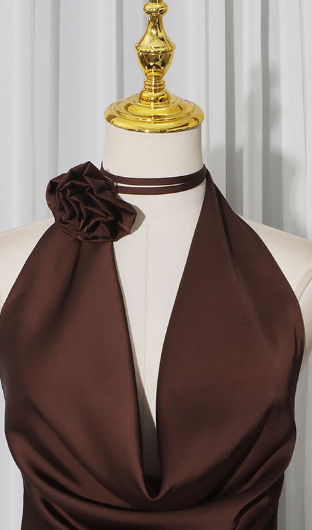 Jeneva Coffee Halter Maxi Dress: Luxurious Satin with a Statement Rose Choker