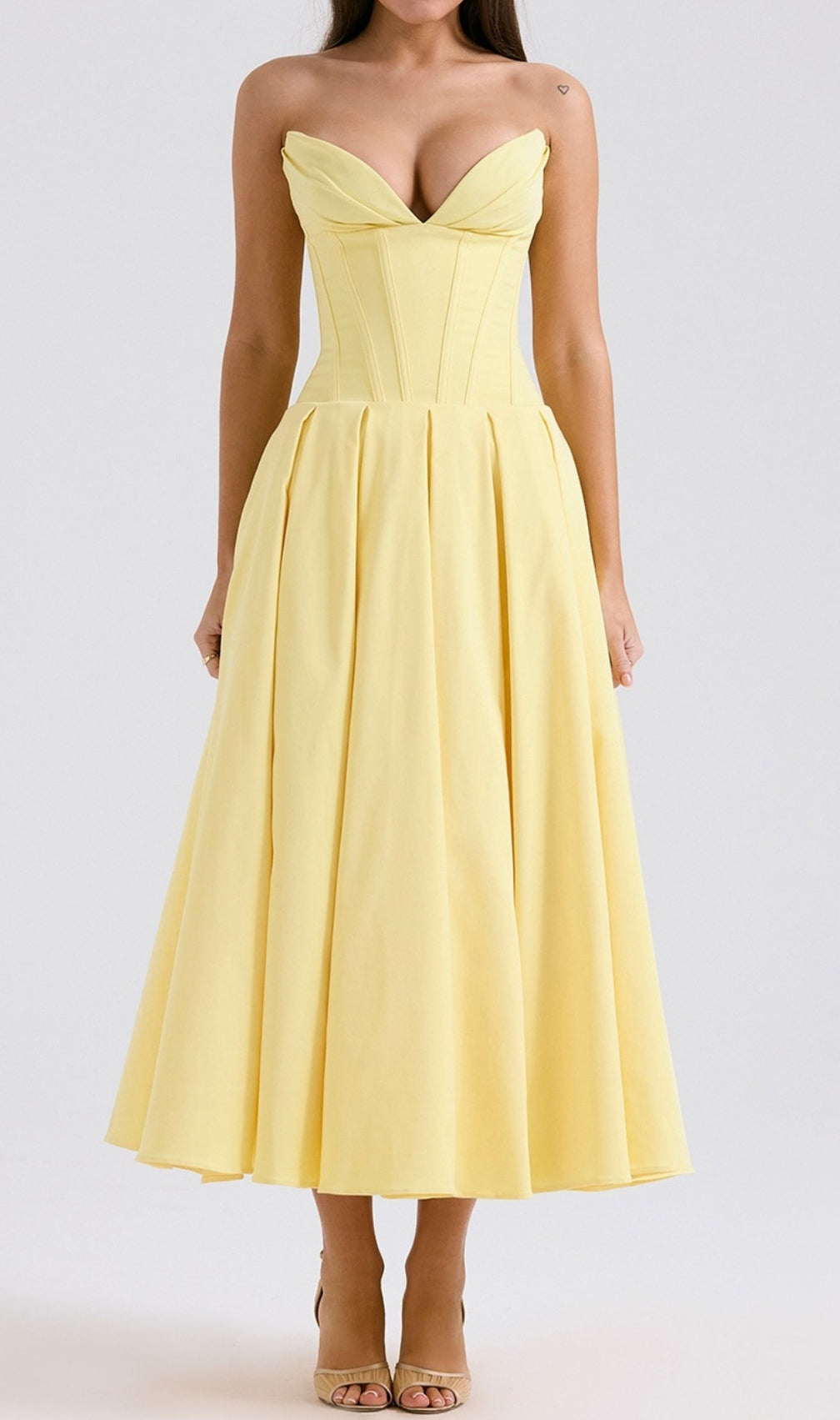 Devani Yellow Strapless Corset Midi Dress